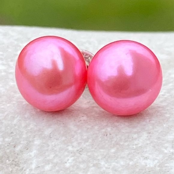 Cultured Pink Pearl earrings .925 Sterling Silver 8mm Pearls - Picture 3 of 9